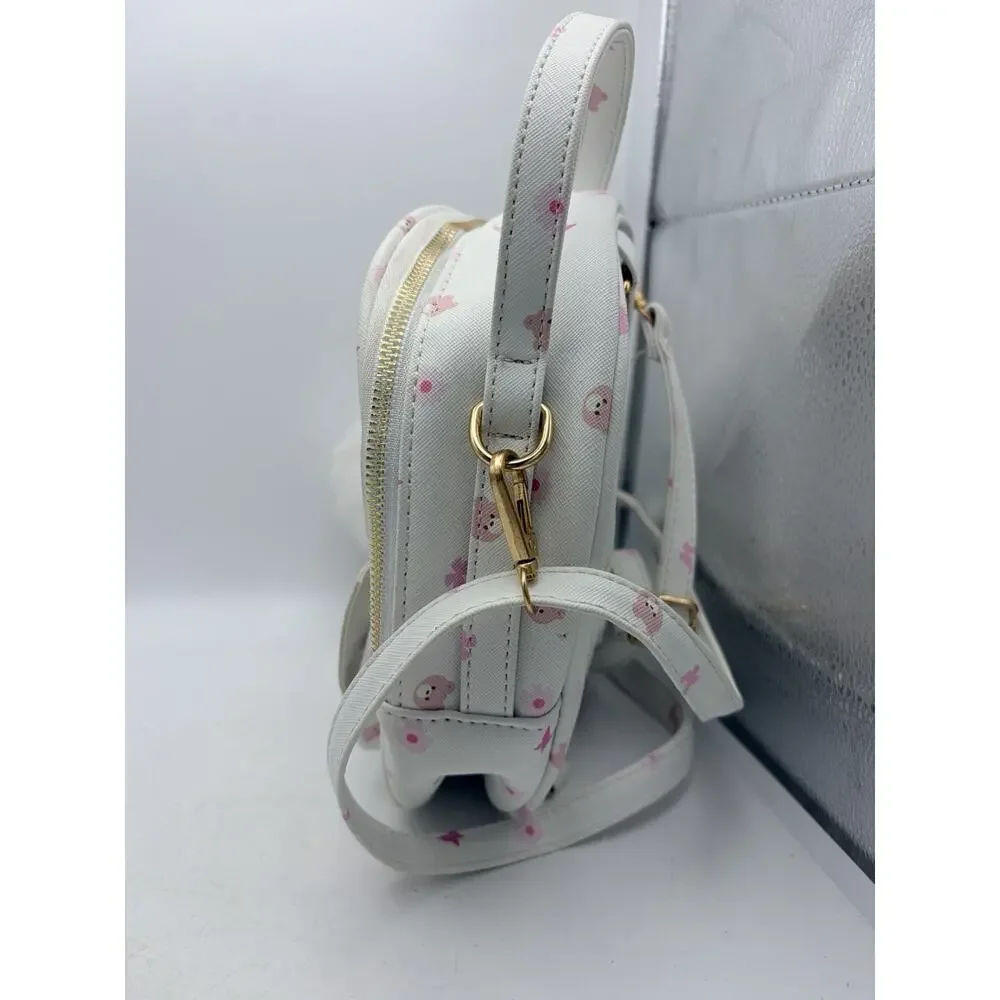 UNDER ONE SKY Mini Backpack Purse White Pink Bear Print Bow Bag Charm